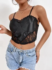 SHEIN Privé Contrast Lace Zip Back Satin Cami Top - Black - View 3