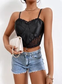 SHEIN Privé Contrast Lace Zip Back Satin Cami Top - Black - View 4