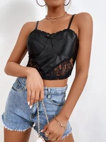 SHEIN Privé Contrast Lace Zip Back Satin Cami Top - Black - View 5