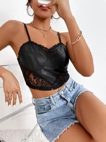 SHEIN Privé Contrast Lace Zip Back Satin Cami Top - Black - View 6