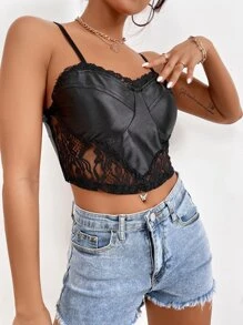 SHEIN Privé Contrast Lace Zip Back Satin Cami Top - Black - View 7