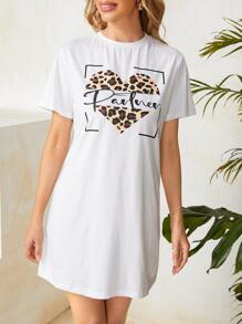 SHEIN LUNE 字母和愛心圖案T恤連衣裙 - 白色 - 查看 5