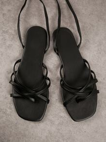 Sandalias planas enjaulado cinta con tira - Negro - Ver 2