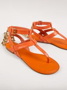 女士鏈條裝飾踝帶前衛熒光橙平底涼鞋