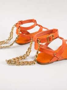 女士鏈條裝飾踝帶前衛熒光橙平底涼鞋