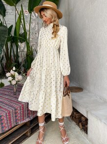 SHEIN Unity Đầm Nút Cắt ra Viên lá sen Tất cả trên in Thanh lịch - Màu be - Xem 1