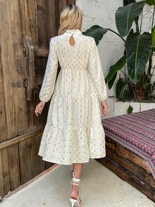 SHEIN Unity Đầm Nút Cắt ra Viên lá sen Tất cả trên in Thanh lịch - Màu be - Xem 2