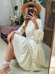 SHEIN Unity Đầm Nút Cắt ra Viên lá sen Tất cả trên in Thanh lịch - Màu be - Xem 5
