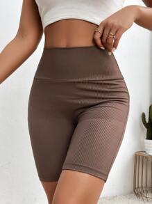 Chiquease Wide Waistband Rib-knit Cycling Shorts - Mocha Brown - View 6