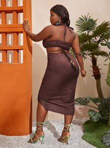 Slaydiva Plus Cut Out Tie Back Halter Neck Asymmetrical Hem Bodycon Dress - Chocolate Brown - View 3