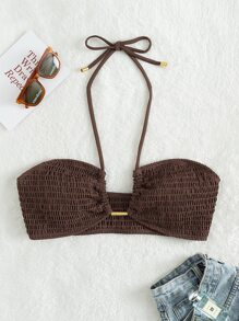 Summer Beach Smocked Halter Bikini Top - Coffee Brown - View 1