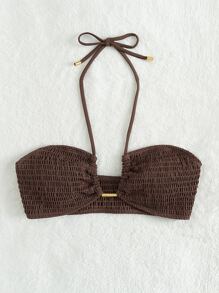 Summer Beach Smocked Halter Bikini Top - Coffee Brown - View 3