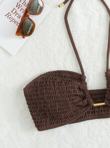 Summer Beach Smocked Halter Bikini Top - Coffee Brown - View 4