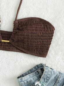 Summer Beach Smocked Halter Bikini Top - Coffee Brown - View 5