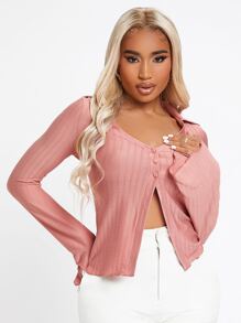 SHEIN Unity Áo thun nữ Nút phía trước màu trơn Giải trí - Bụi hồng - Xem 1