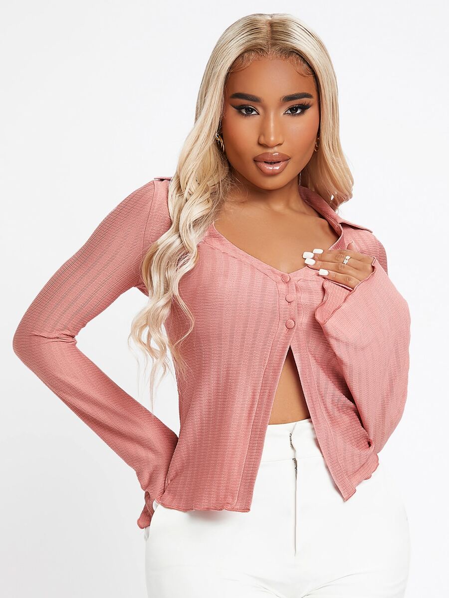 SHEIN Unity Áo thun nữ Nút phía trước màu trơn Giải trí - Bụi hồng - Xem 1