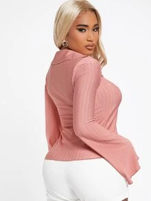 SHEIN Unity Áo thun nữ Nút phía trước màu trơn Giải trí - Bụi hồng - Xem 2