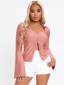 SHEIN Unity Áo thun nữ Nút phía trước màu trơn Giải trí - Bụi hồng - Xem 3