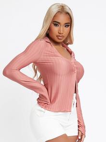 SHEIN Unity Áo thun nữ Nút phía trước màu trơn Giải trí - Bụi hồng - Xem 4