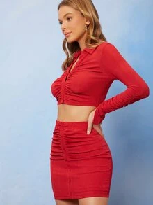 SHEIN Solid Crop Top & Bodycon Skirt Set - Red - View 3