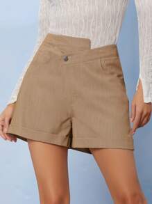 SHEIN EZwear Stepped Waist Buttoned Detail Shorts - Khaki - View 1