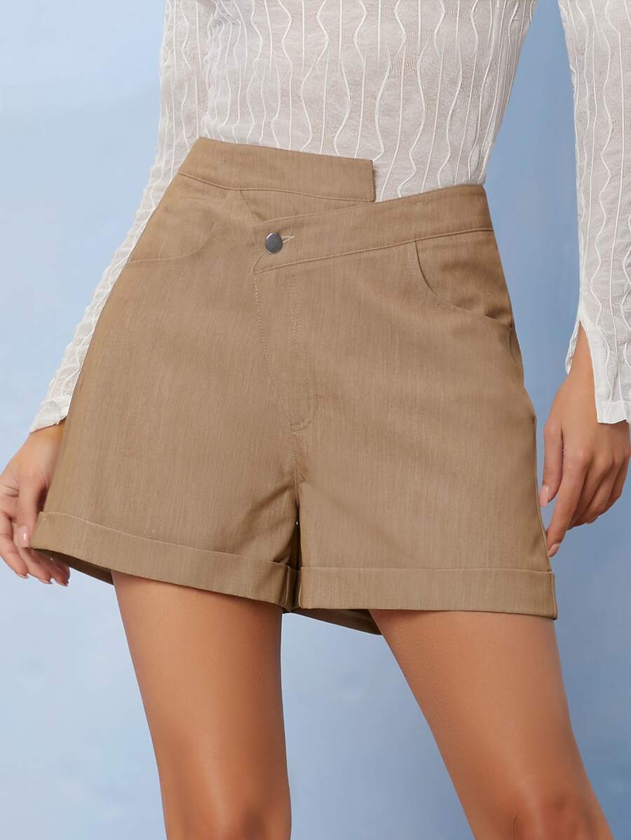 SHEIN EZwear Stepped Waist Buttoned Detail Shorts - Khaki - View 1