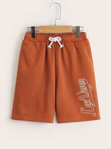 SHEIN Quần Short Trai Dây kéo Lá thư Giải trí - Màu Cam cháy - Xem 1