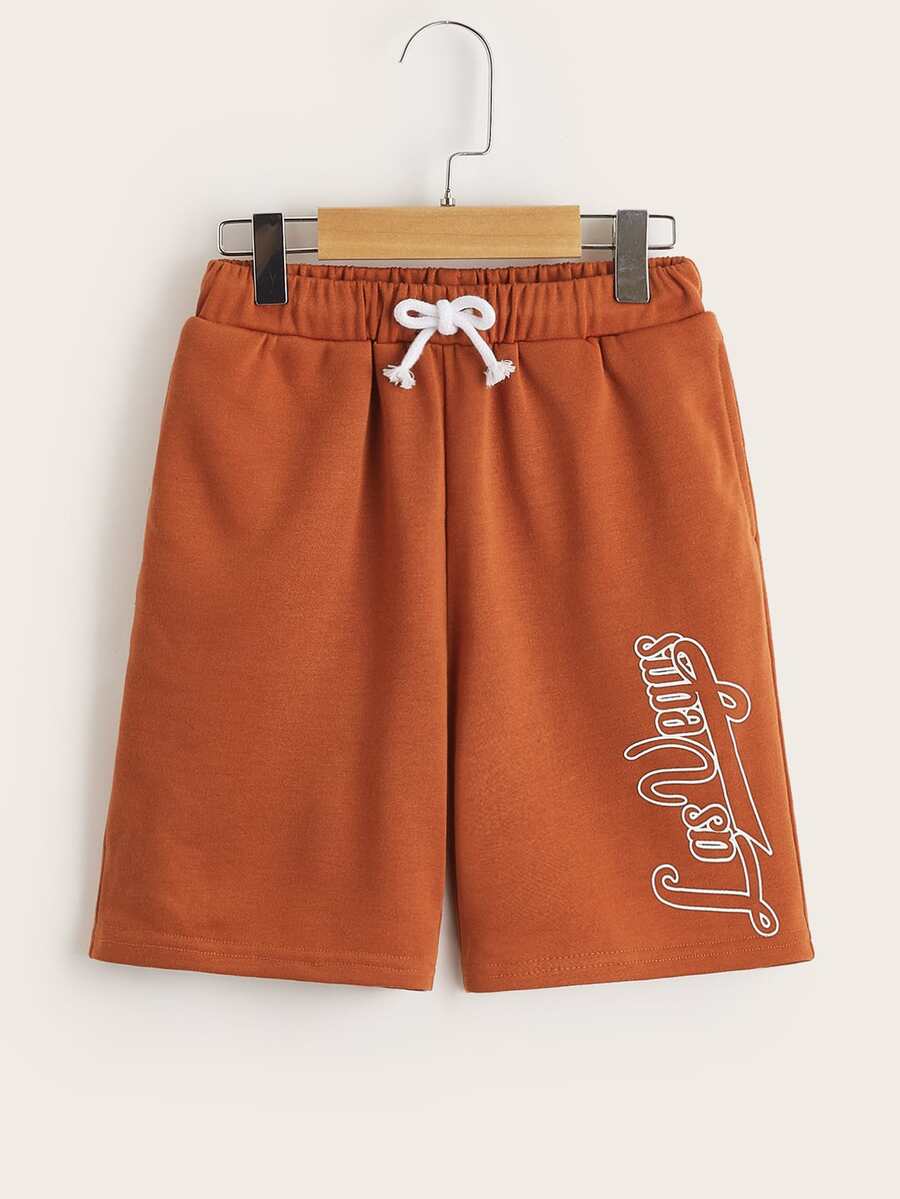 SHEIN Quần Short Trai Dây kéo Lá thư Giải trí - Màu Cam cháy - Xem 1
