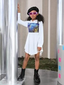 SHEIN Girls Collared Tie Dye Shirred Panel Dress - Multicolor - View 4