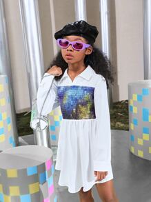 SHEIN Girls Collared Tie Dye Shirred Panel Dress - Multicolor - View 1