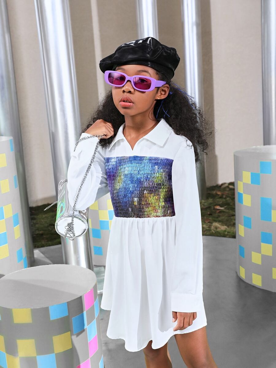 SHEIN Girls Collared Tie Dye Shirred Panel Dress - Multicolor - View 1