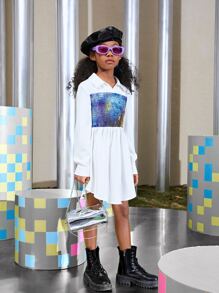 SHEIN Girls Collared Tie Dye Shirred Panel Dress - Multicolor - View 5