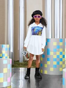 SHEIN Girls Collared Tie Dye Shirred Panel Dress - Multicolor - View 8