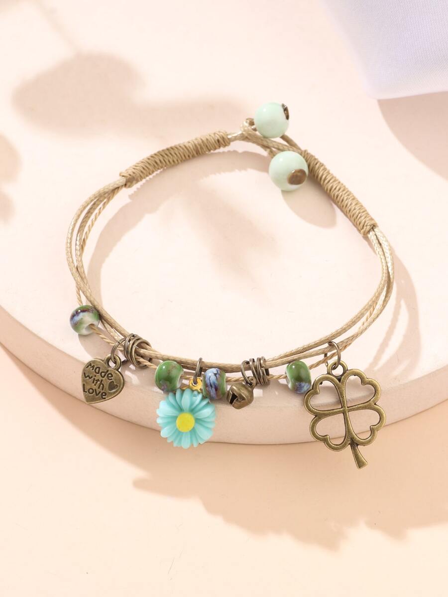 字母細節心和花朵掛飾手環 - 彩色 - 查看 1