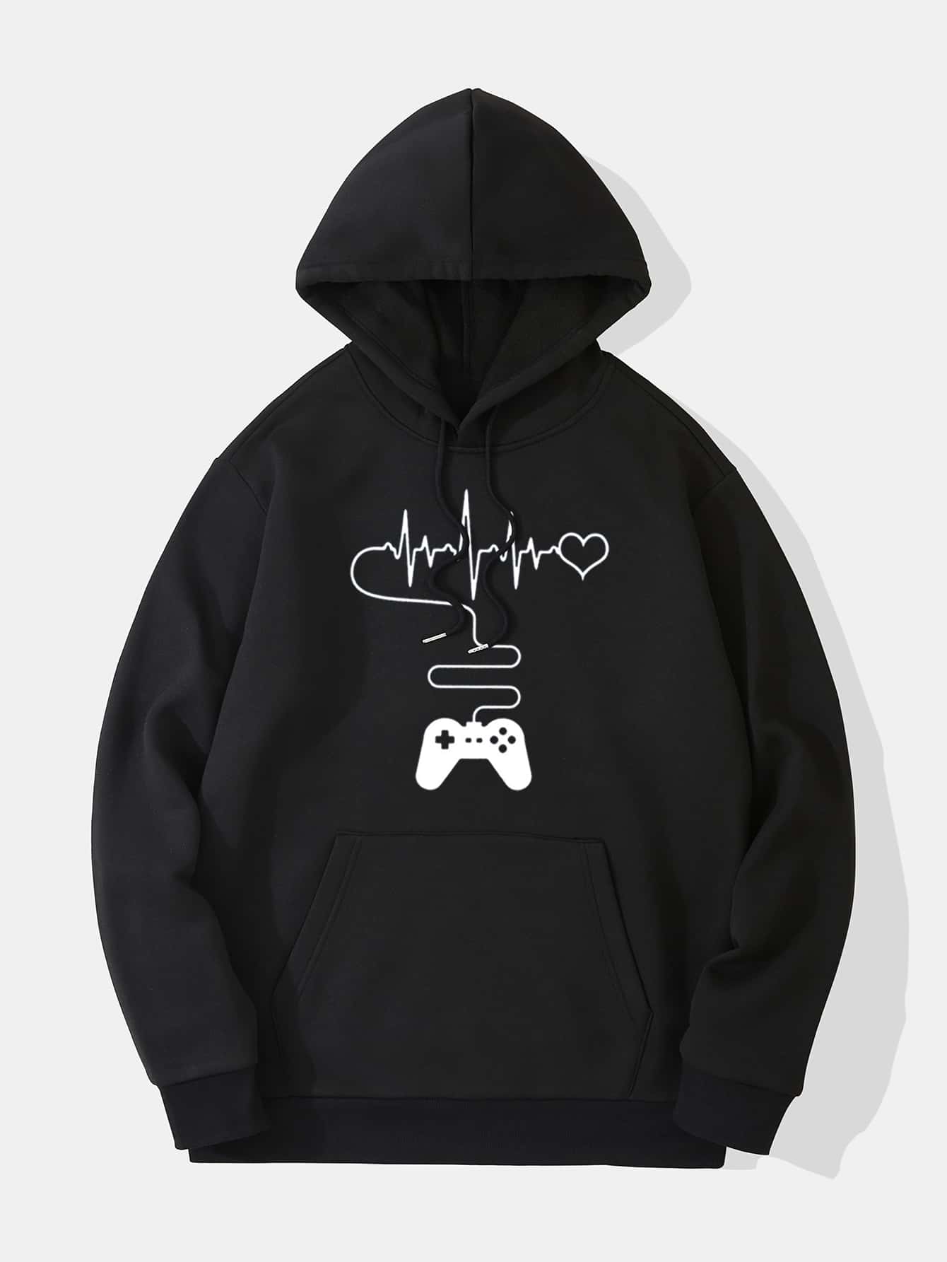 Men Gamepad And Heart Print Kangaroo Pocket Drawstring Thermal Hoodie - Black - View 1