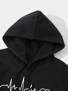 Men Gamepad And Heart Print Kangaroo Pocket Drawstring Thermal Hoodie - Black - View 4