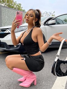 Bộ đồ hai mảnh nữ Lộ Lưng Nơ Bướm màu trơn Gợi cảm - màu đen - Xem 3