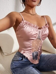 SHEIN Unity 褶邊網紗拼接吊帶上衣 - 藕粉色 - 查看 2