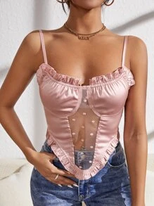 SHEIN Unity 褶邊網紗拼接吊帶上衣 - 藕粉色 - 查看 1