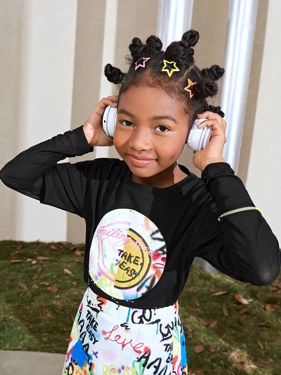 SHEIN Niñas Camiseta 2 en 1 con estampado de letra - Negro - Ver 1