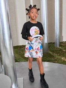 SHEIN Niñas Camiseta 2 en 1 con estampado de letra - Negro - Ver 2