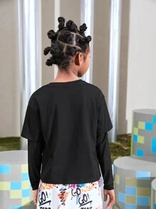 SHEIN Niñas Camiseta 2 en 1 con estampado de letra - Negro - Ver 3