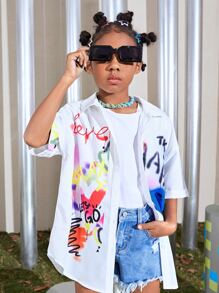 SHEIN Girls Collared Slogan and Tie Dye Blouse - Multicolor - View 3