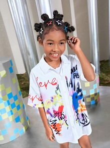 SHEIN Girls Collared Slogan and Tie Dye Blouse - Multicolor - View 4