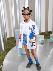 SHEIN Girls Collared Slogan and Tie Dye Blouse - Multicolor - View 5