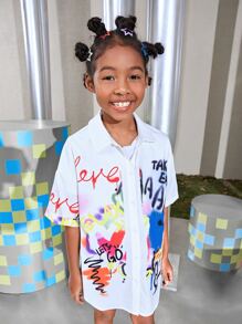 SHEIN Girls Collared Slogan and Tie Dye Blouse - Multicolor - View 6