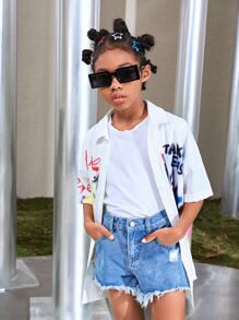 SHEIN Girls Collared Slogan and Tie Dye Blouse - Multicolor - View 7