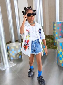 SHEIN Girls Collared Slogan and Tie Dye Blouse - Multicolor - View 8