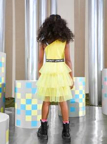 SHEIN Girls Letter Tape Detail Layered Mesh Dress - Yellow - View 2