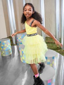 SHEIN Girls Letter Tape Detail Layered Mesh Dress - Yellow - View 3